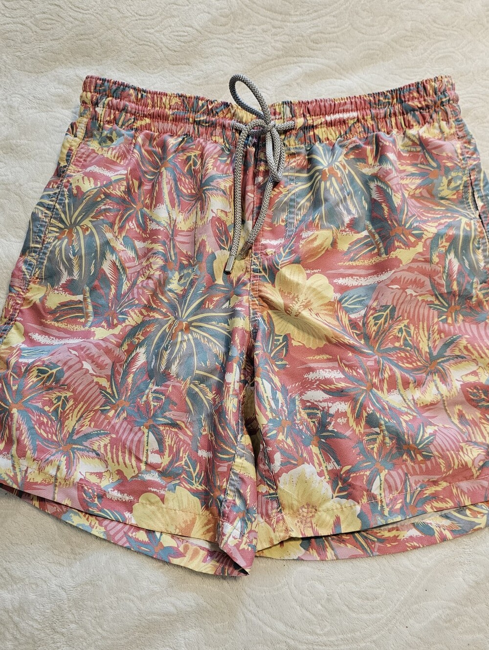 SURFCUZ Men's Swim Trunks Retro 80s Pastel Tropical Palm Tree Floral Size 28 XxS